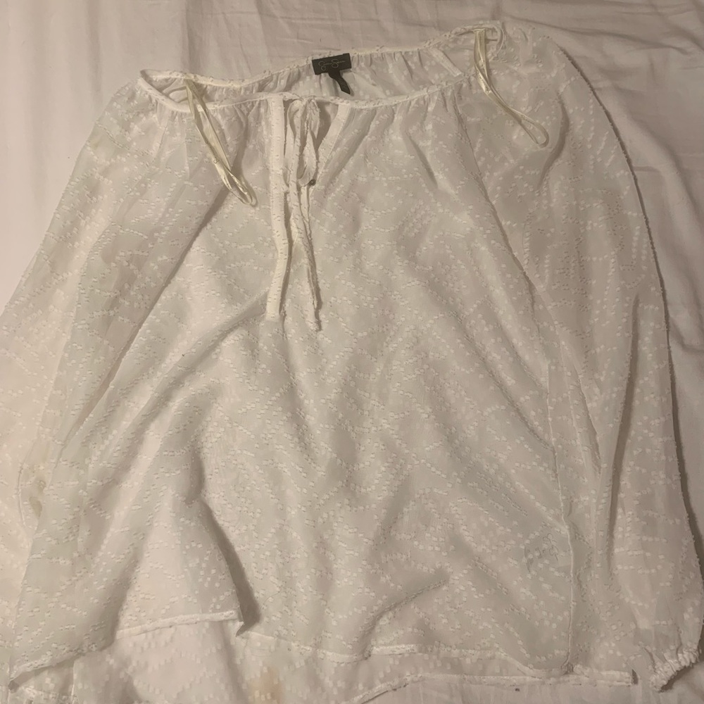Jessica Simpson Sheer, white peasant blouse.